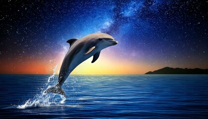 Fototapeta premium A cheerful dolphin jumping over the water against the starry sky