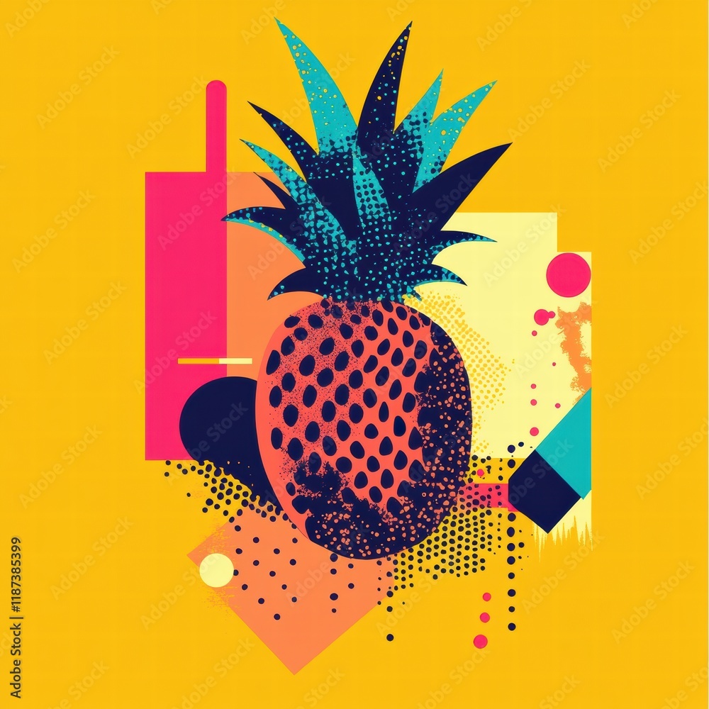 Poster vibrant abstract geometric pineapple design featuring bold colors and dynamic shapes for a modern ar