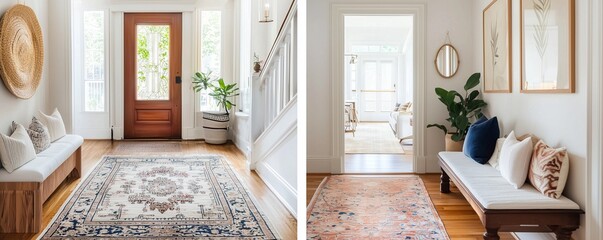 A home entryway before and after a stylish refresh, with new furniture, wall art, and lighting that create a welcoming atmosphere as soon as you step inside