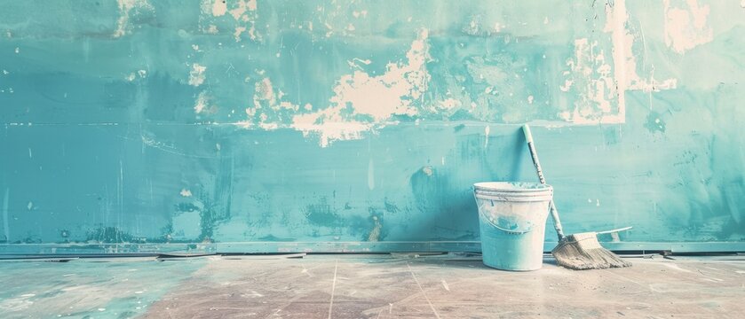 Unfinished wall with fresh paint and a bucket ready to use