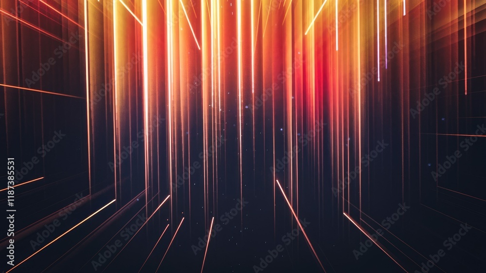 Poster Abstract digital art depicting glowing orange and red lines converging in a dark space, creating a sense of depth and energy.