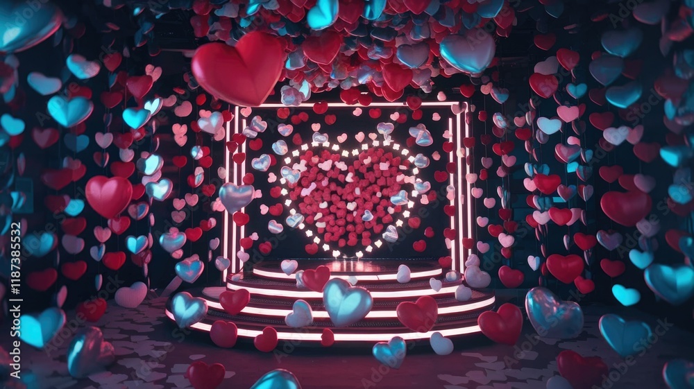 Poster a romantic setting with a large heart made of smaller hearts surrounded by falling hearts.