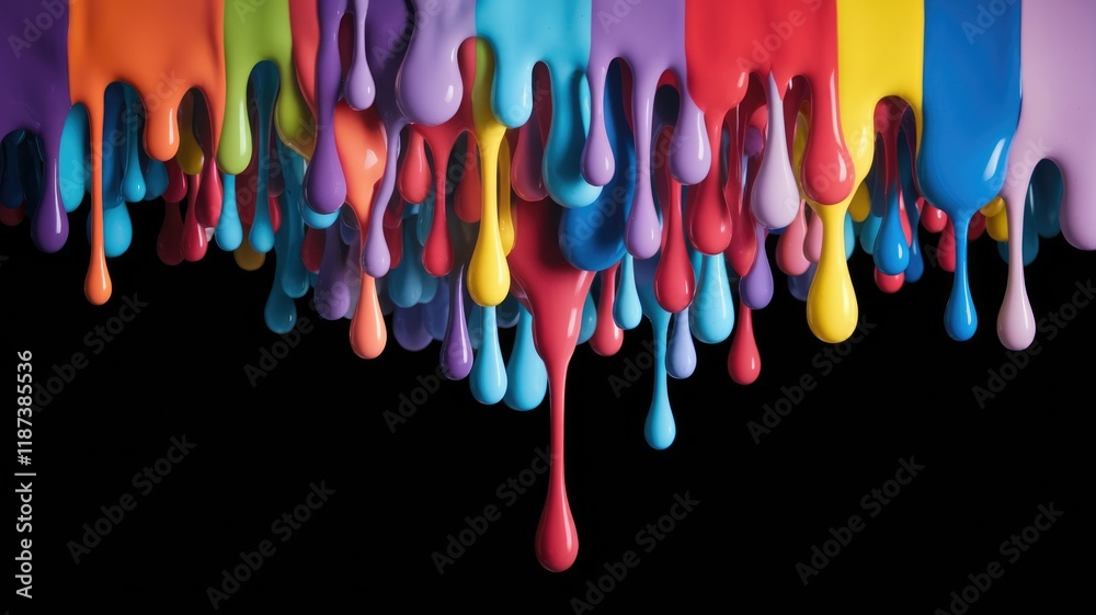 Poster Vibrant rainbow paint drips against a transparent background, creating a visually stunning and colorful abstract image.