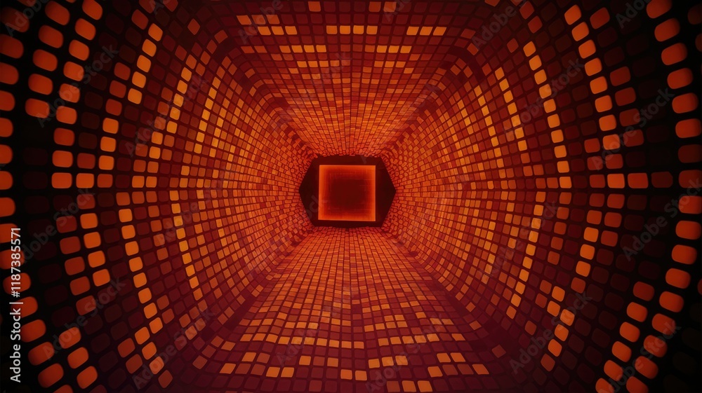 Aufkleber abstract digital tunnel with glowing orange mosaic tiles creating a futuristic and vibrant visual ef