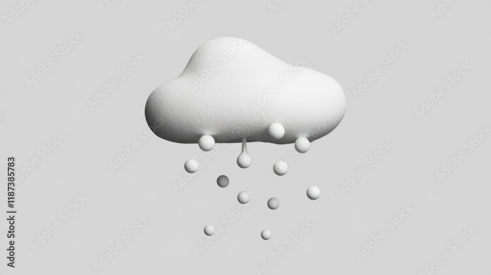 Poster A 3D rendering of a fluffy white cloud with small white spheres falling like snow.