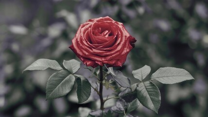 A single, vibrant red rose blossoms amidst a muted, grey-green garden background.