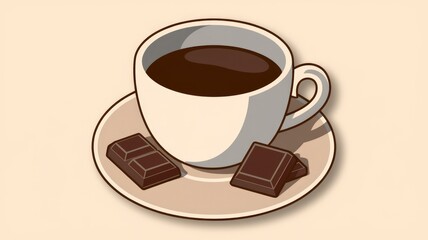Obraz premium A cup of coffee with two pieces of dark chocolate on a saucer.