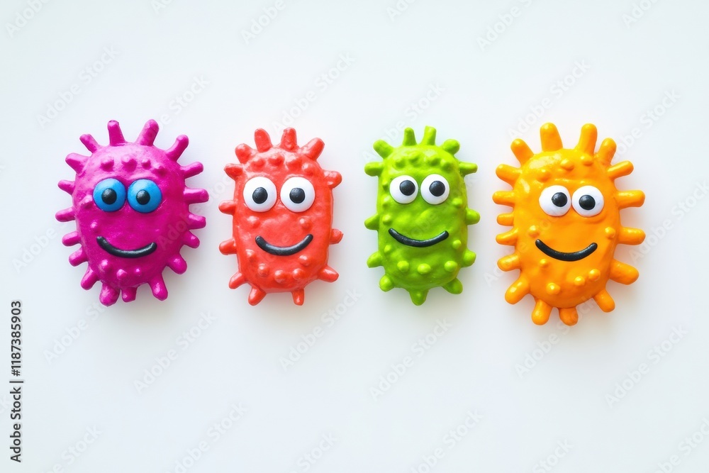 Poster Cheerful colorful microbes with smiling faces arranged in a bright display on a flat surface. Generative AI