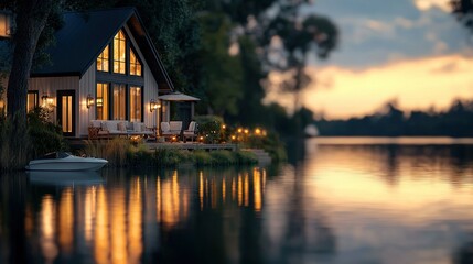 Fototapeta premium A house by a lake with boats in the foreground