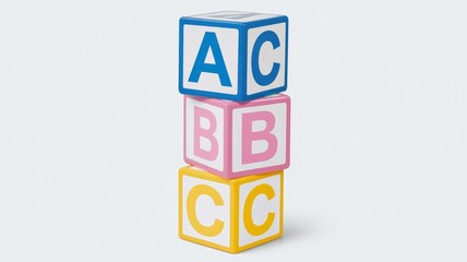 Stack of colorful alphabet blocks, showing letters A, B, and C. Learning and education.