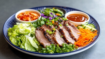 Grilled pork lettuce wraps, Asian fusion, restaurant setting