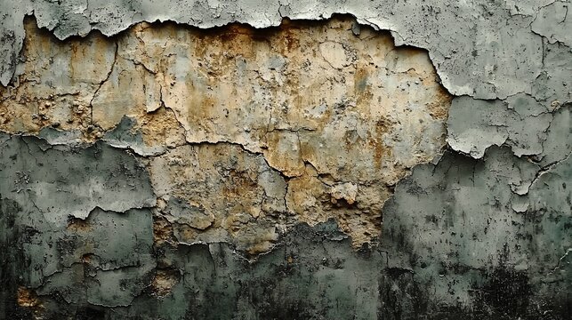 Weathered wall with peeling paint, revealing aged, textured surface underneath.