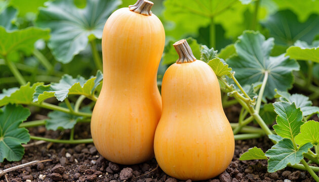 Butternut squash growing in garden, healthy eating concept