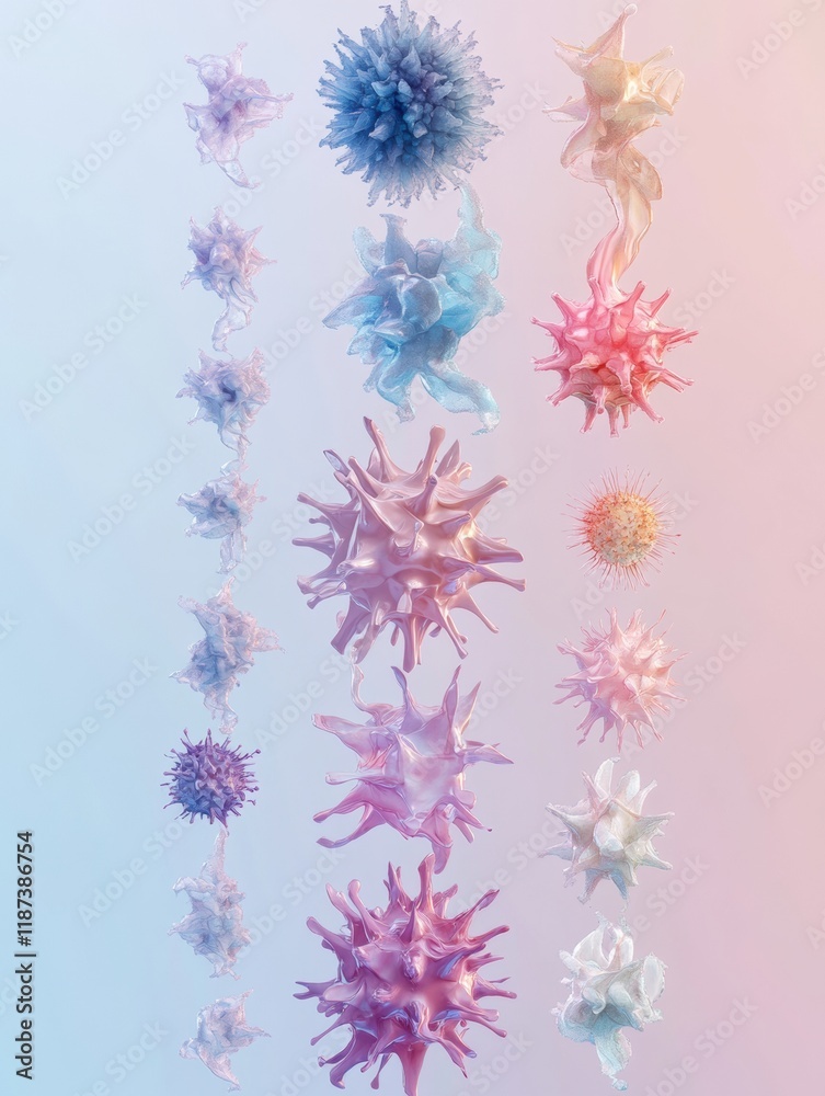 Poster Progression of virus forms illustrating complexity from simple to intricate structures in a vibrant display. Generative AI