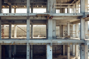 Empty construction site showcasing a partially built structure and equipment