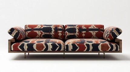 Modern sofa with geometric patterns and a sleek, low-sitting frame 