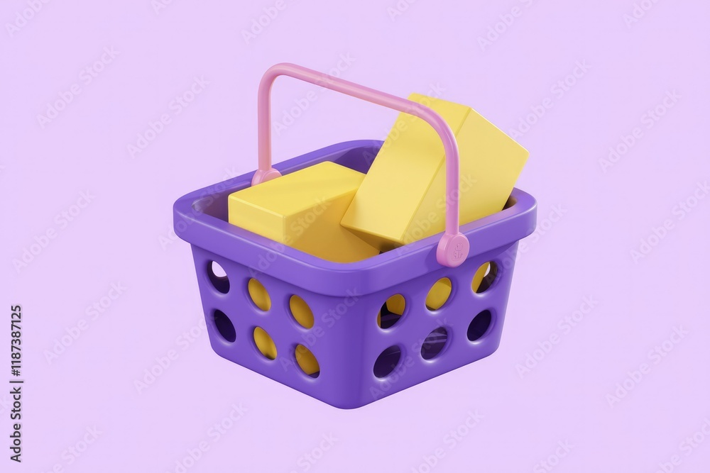 Poster a purple shopping basket with two yellow boxes inside, a simple 3d rendering.