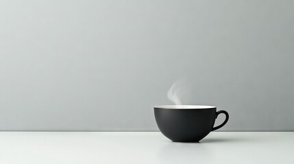 Fototapeta premium A black coffee cup with steam rising from its top, resting on a white table against a gray wall background