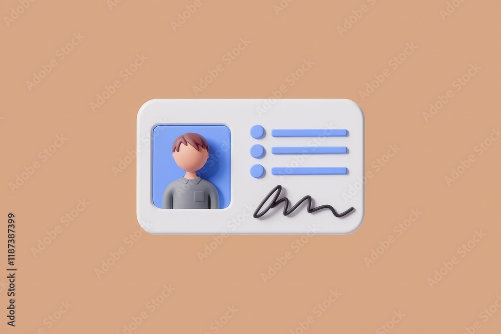 Poster 3d render of a simple id card with a cartoon character's photo and signature.