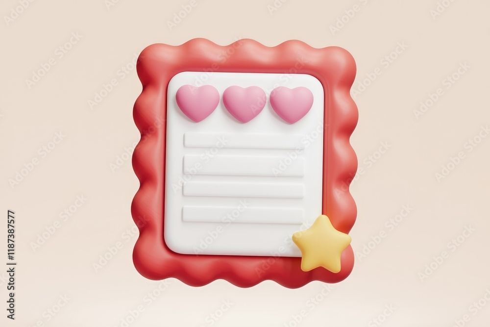 Poster a cute 3d rendered notepad with three hearts and a star, perfect for love notes or reminders.