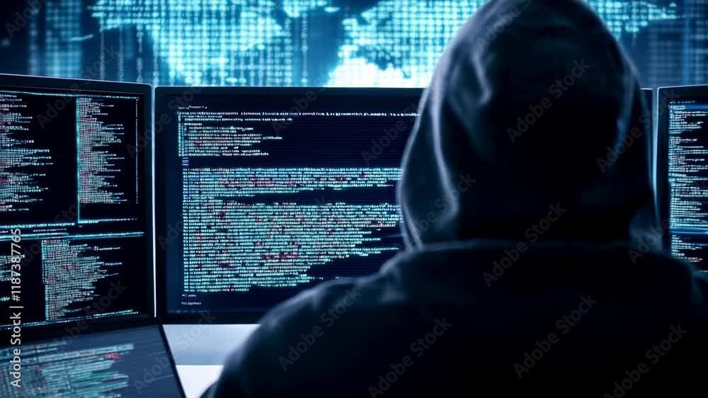 Poster Hooded hacker working on computer. Dark operating room with multiple monitors. Cybercrime, attack and cyberattack concept. Cybersecurity, data protection. Global network