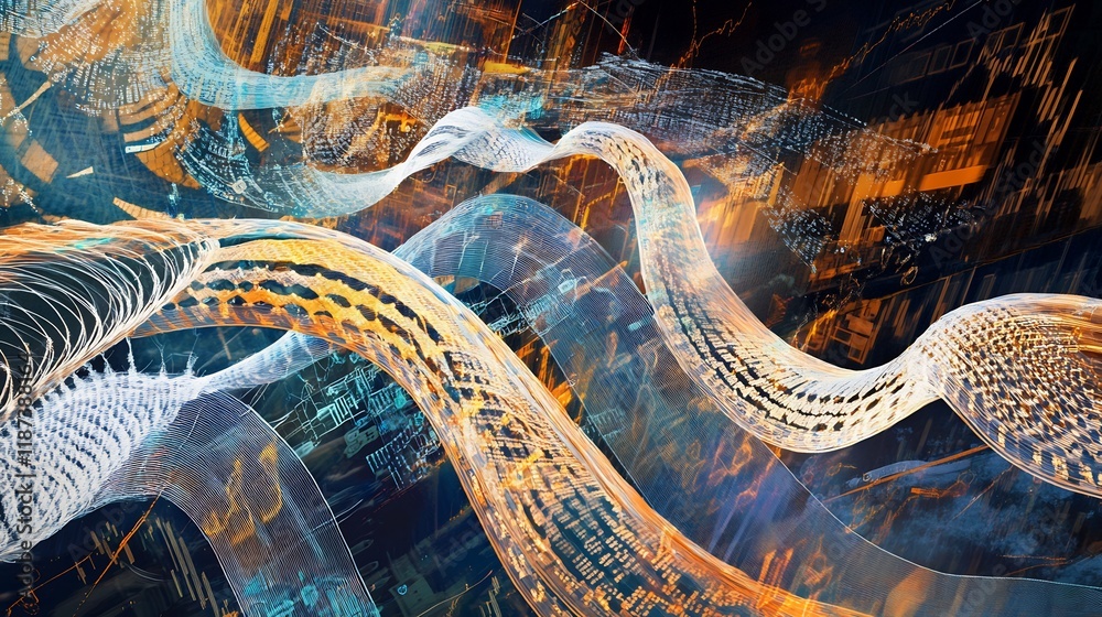 Poster artistic representation of trade cycle featuring interwoven patterns symbolizing phases of economic 