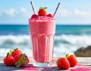 Fototapete Rund Refreshing pink smoothie with an ocean backdrop. © Deamard