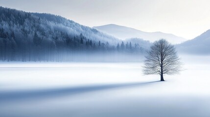   A lone tree stands amidst snow-covered fields in front of distant mountains