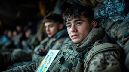 Fototapeta premium Soldiers Resting Indoors While Planning Their Next Mission in a Military Setting Generative AI