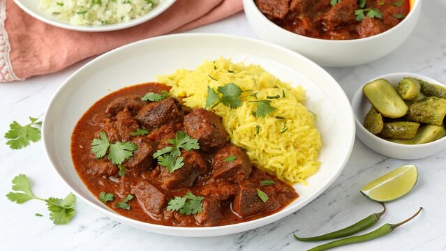 Beef vindaloo served with rice and condiments on a textured surface