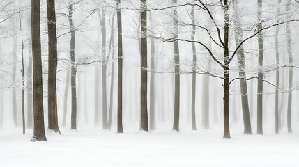   An image of a snow-covered forest featuring a bench up front and towering trees behind