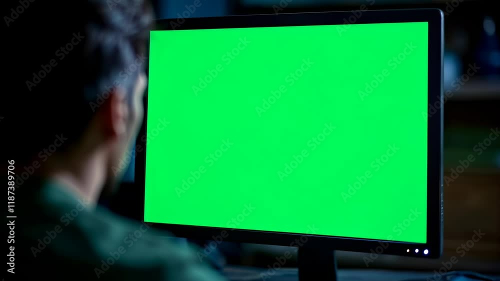 Poster hacker in mask working at green screen monitor mockup. dark operating room with multiple monitors. c