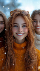 Fototapeta premium Portrait of a smiling redhead woman with freckles in a winter setting, wearing a warm orange sweater with friends in the background
