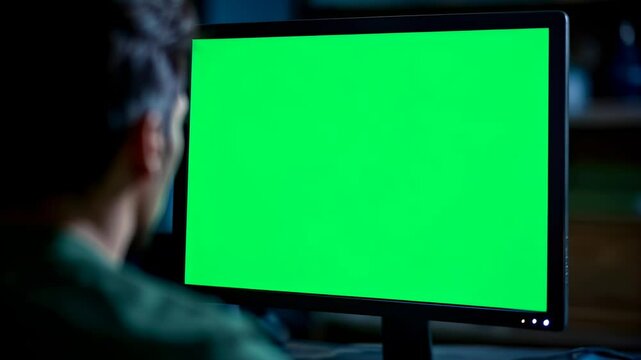 Hacker in mask working at green screen monitor mockup. Dark operating room with multiple monitors. Cybercrime, attack and cyberattack concept. Cybersecurity, data protection.