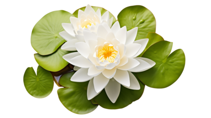 Serene Water Lily Flowers on Lily Pads, isolated on transparent background	