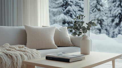 Minimalist cozy living room with winter forest view and neutral decor
