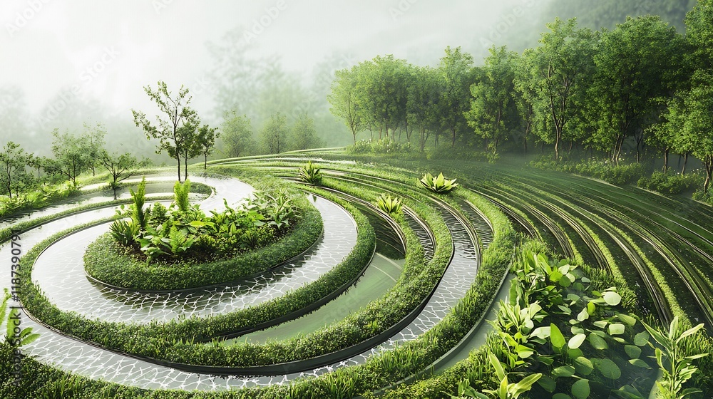 Poster Artistic rendering of sustainability business emphasizing symbolic plants circular patterns renewable energy flows