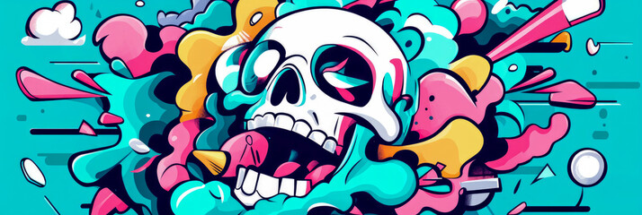 Abstract Skull in Vibrant Color Splashes: A Psychedelic Digital Art Piece