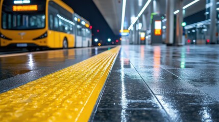 A modern bus station platform at night with wet reflective floors, yellow tactile line, and a parked bus in view.