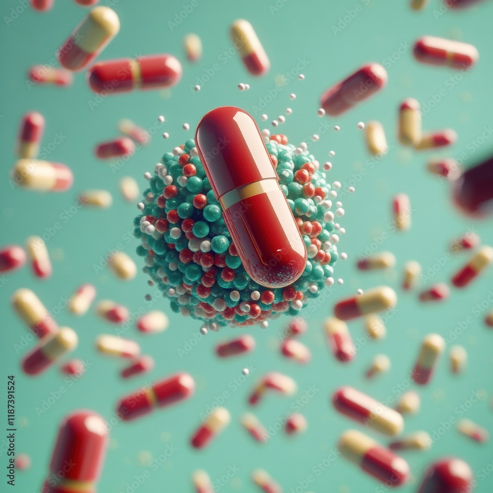 Aufkleber pills encircling and attacking bacteria to symbolize advancements in medical science and healthcare.