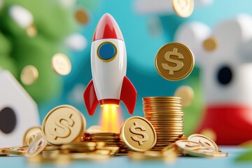 Colorful rocket launching amidst a pile of gold coins, representing financial growth, innovation, and success.