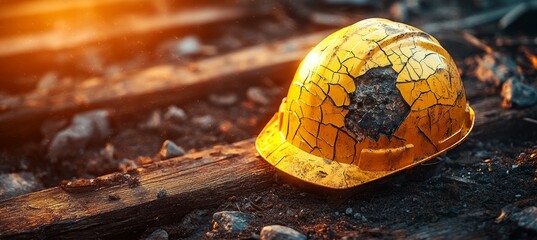 Cracked and Damaged Yellow Hard Hat On Construction Site, Workplace Safety and Accidents Concept.