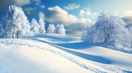 Obraz premium Snow-covered hills under a calm sky. 3d render. Snowbound. Illustration