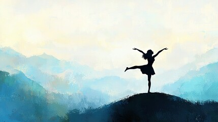   A woman stands atop a hill with her arms raised