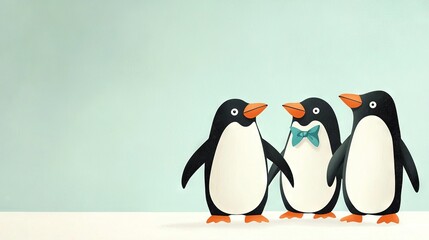 Fototapeta premium A trio of penguins perched atop a snow-capped terrain beside a blue background