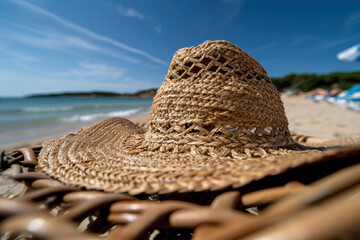 A cozy straw hat resting on a wicker beach chair by the ocean, with soft waves and a sunny sky creating a serene and relaxing coastal atmosphere.

