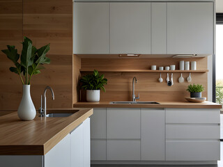 Fototapeta premium photography of A modern and minimalist kitchen interior with a clean, bright, and inviting atmosphere. The kitchen walls are painted in a crisp white, reflecting the natural light streaming through