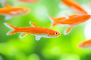 Fototapeta premium A vibrant underwater scene featuring a group of orange fish swimming gracefully against a blurred green background. The fish are lively and colorful, showcasing their scales and fins.