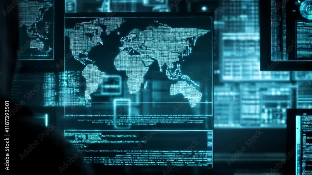Poster Hooded hacker in dark operating room. Command center with multiple monitors. Cybercrime, attack and cyberattack concept. Cybersecurity, data protection. Global network. Banner with copy space