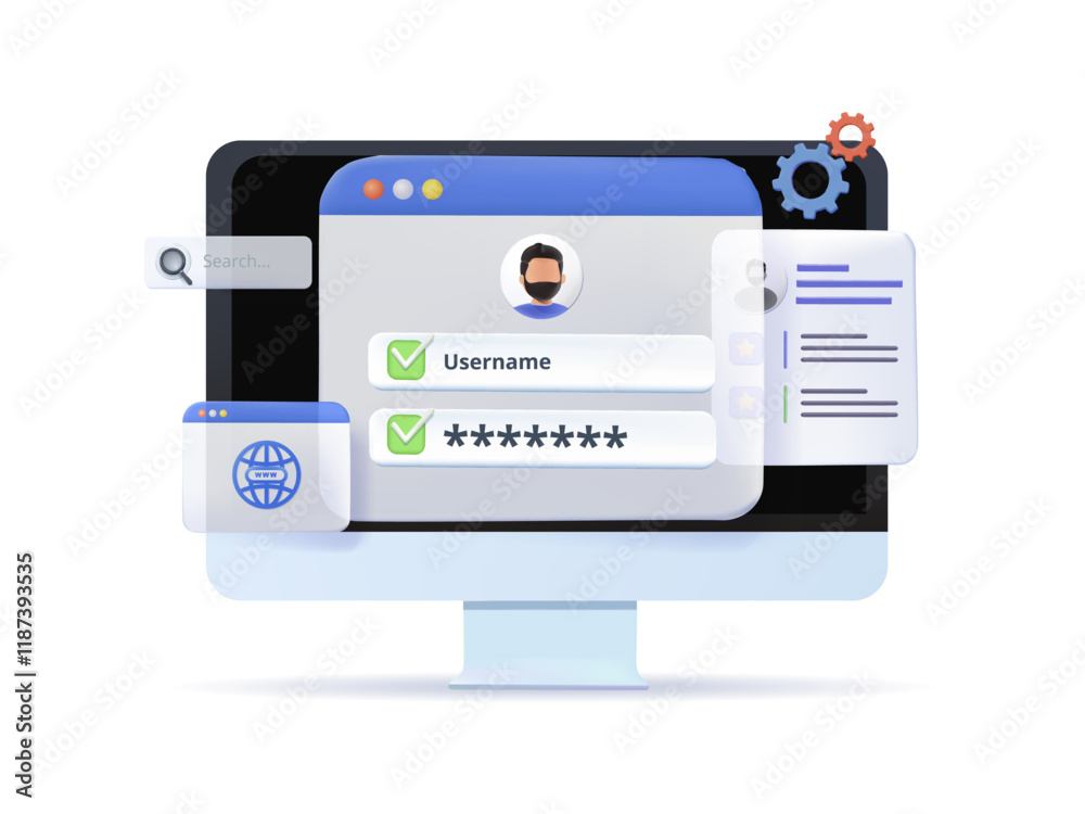 Poster account login and password form page on screen. web security, data protection, sign in to account, u